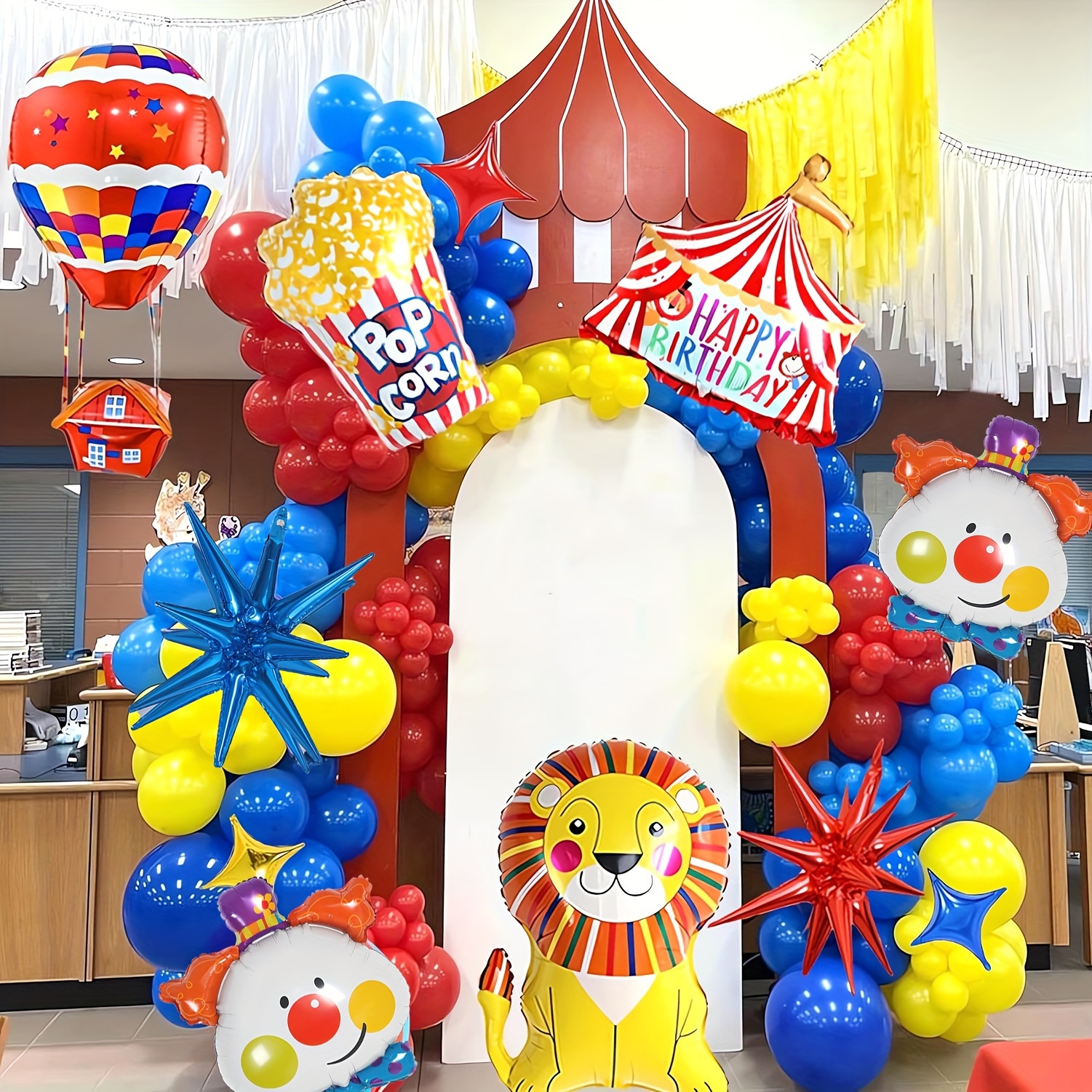 Thème Du Cirque De Carnaval Ensemble De Ballons, Guirlande De Ballons Rouge  Bleu Jaune, Lion & Popcorn & Ballon Chaud Clown Pour La Décoration De Fête