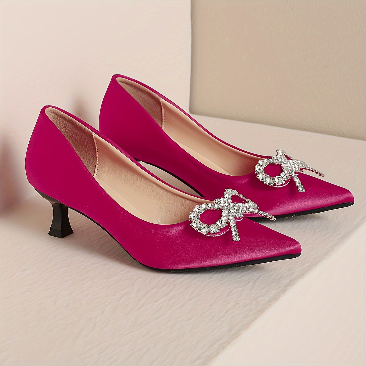 Womens Rhinestone Bow Kitten Heels Solid Color Pointed Toe - Temu Denmark