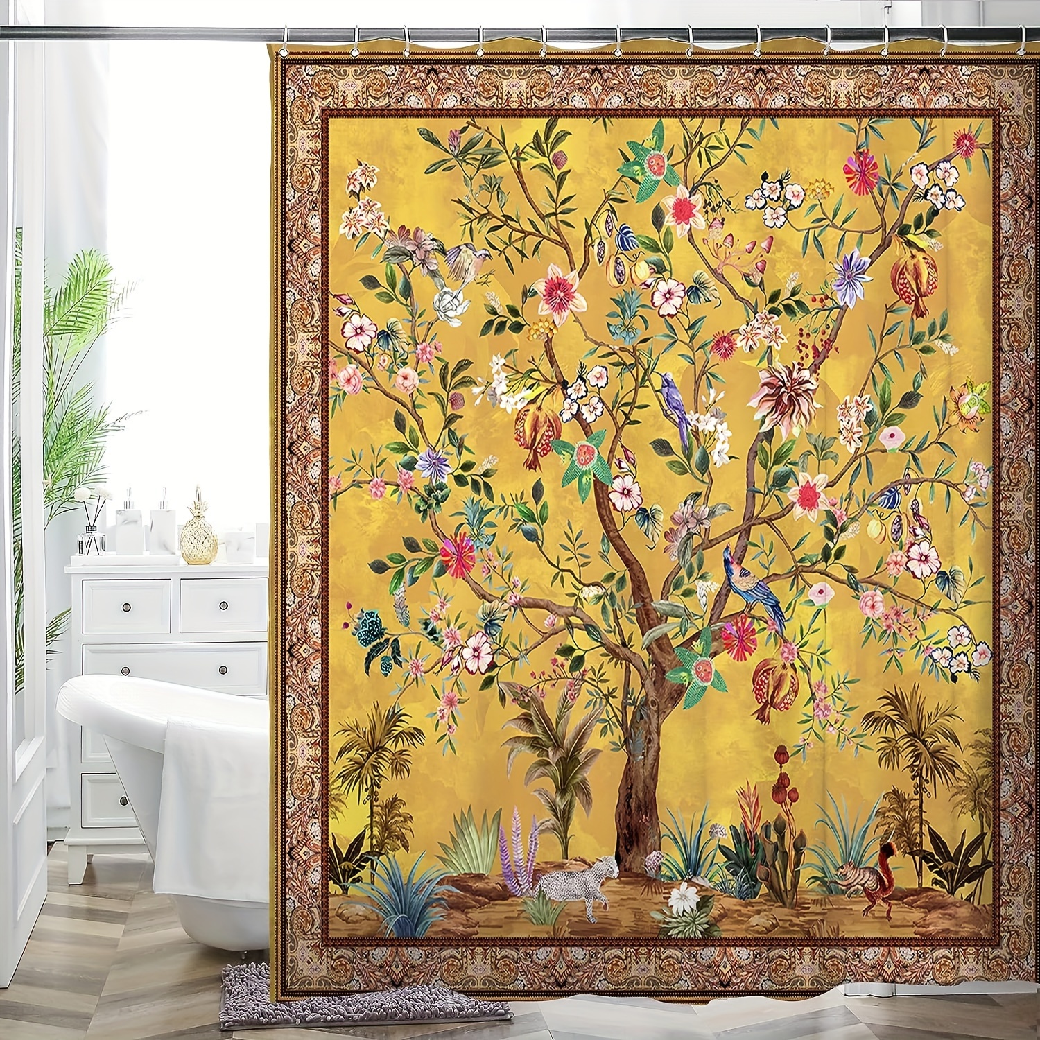 Colorful Tree Pattern Shower Curtain Set, Bathroom Rug, U-shape