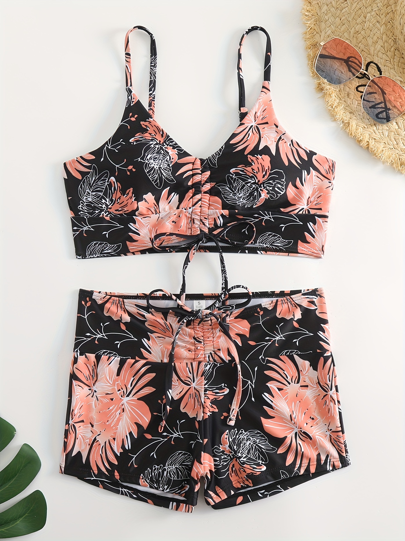 Floral Printed Bralette, Drawstring Swim Bottom Bikini & Cover-Up Set –  OniTakai