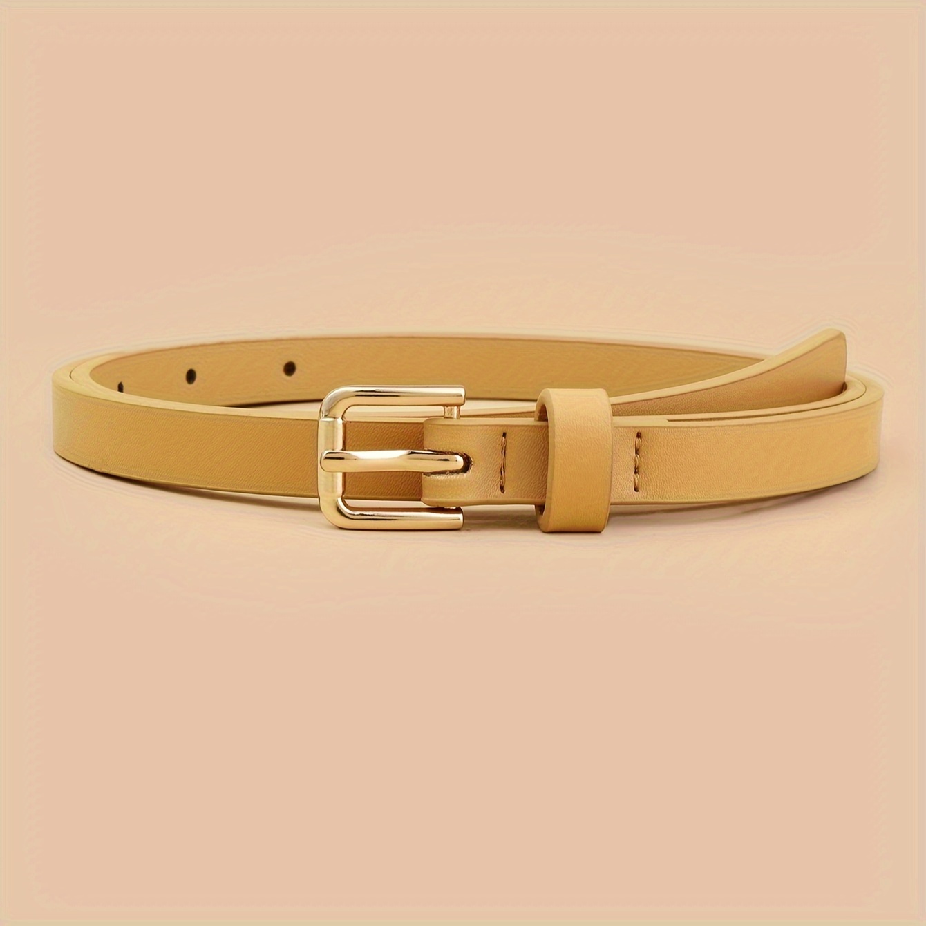 Golden Square Buckle Thin Belts Simple Solid Color Pu - Temu