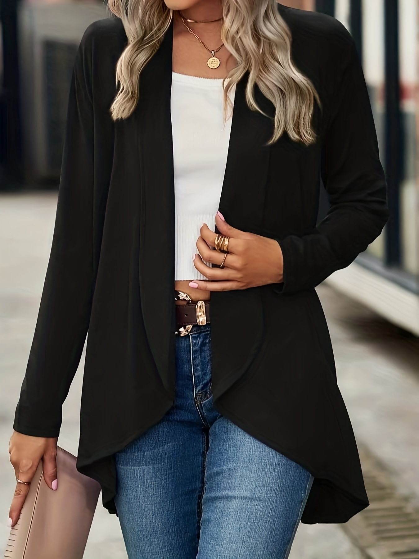 Casual Open Front Solid Cardigan Long Sleeve Cardigan Spring - Temu