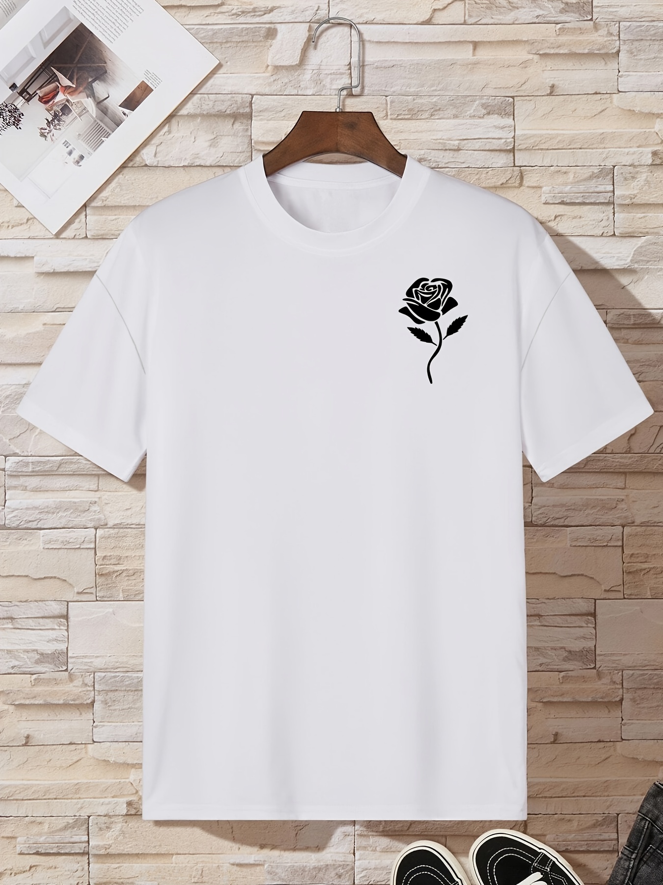 Men's Simple Rose Print T-shirt - Temu