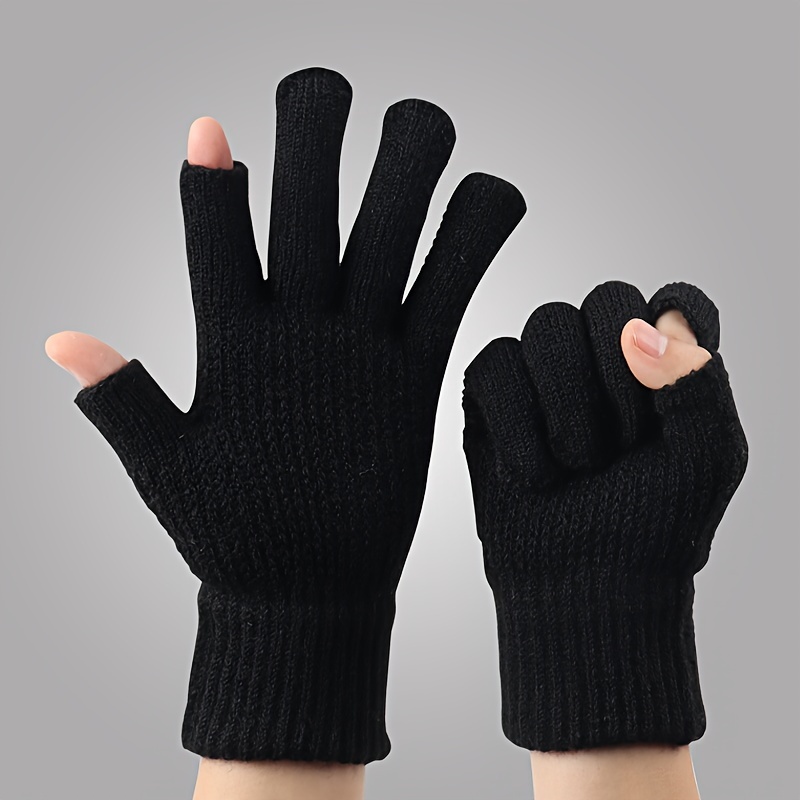 1pair Dew Two Finger Woolen Gloves for Men, Thickened and Velvet, Warm and Leaky Fingers for Students, Outdoor Writing, Riding, and Cold Protection