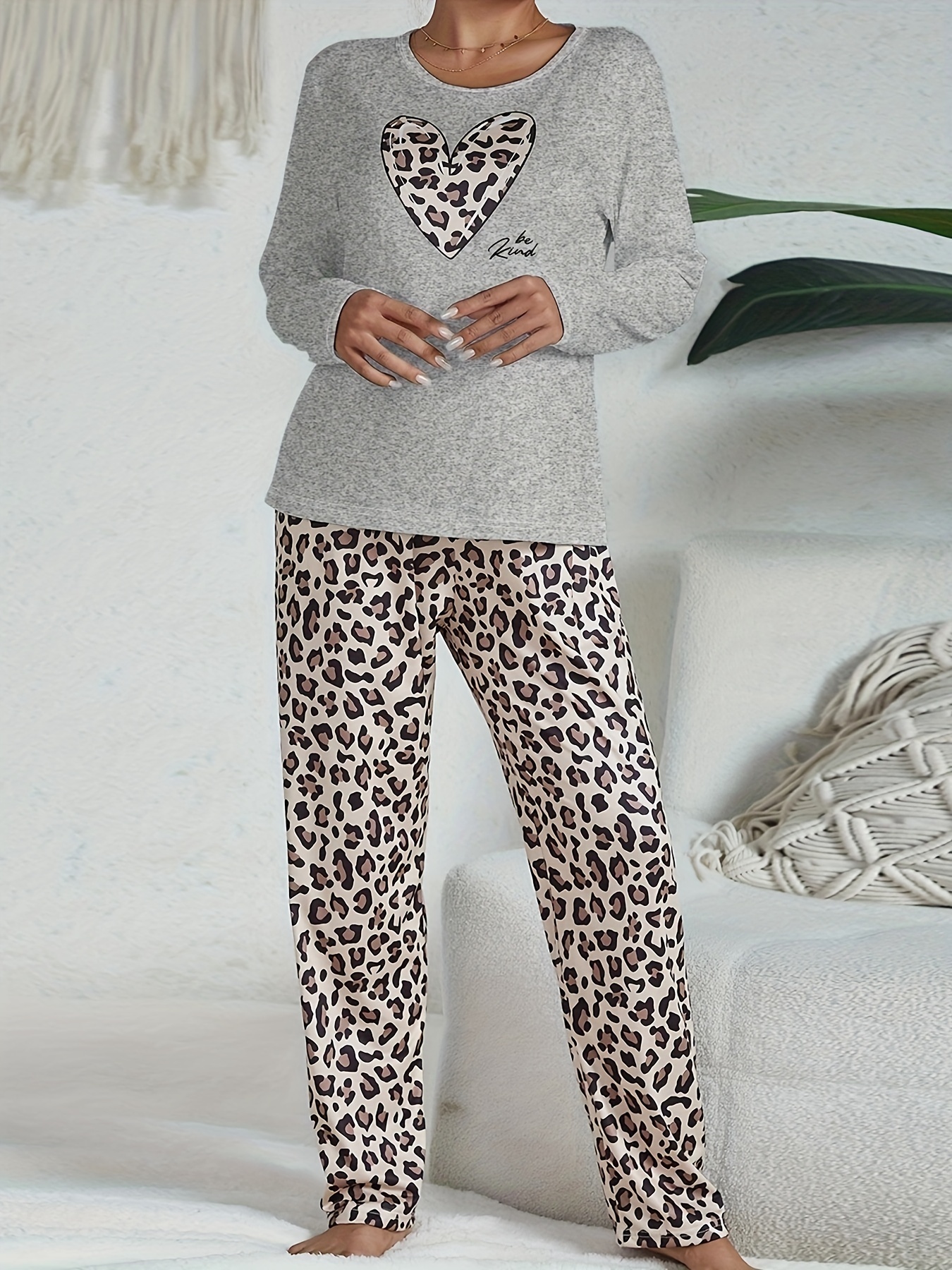 NWT Lucky Brand Ladies' 4-Piece Pajama Set Gray Leopard Print