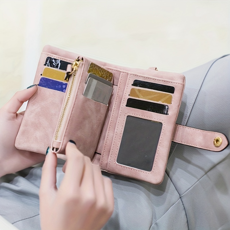

Simple Snap Button Small Wallet, Cute Faux Leather Wallet With Card Slots & Id Window & Zipper Coin Pocket