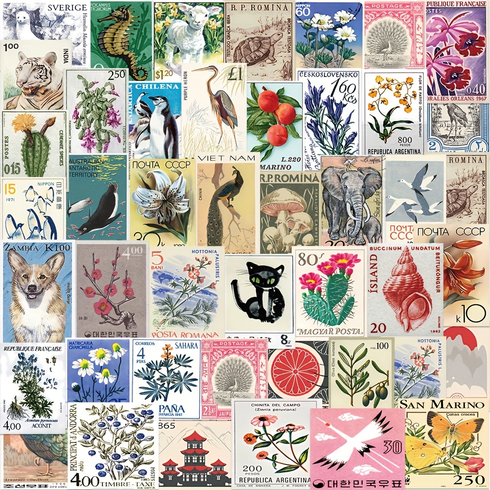 50Pcs Post Stamp Stickers Vintage Postage Stamps Assortment Adhesive Paper  Sticker Decor Envelope Seal for Diary