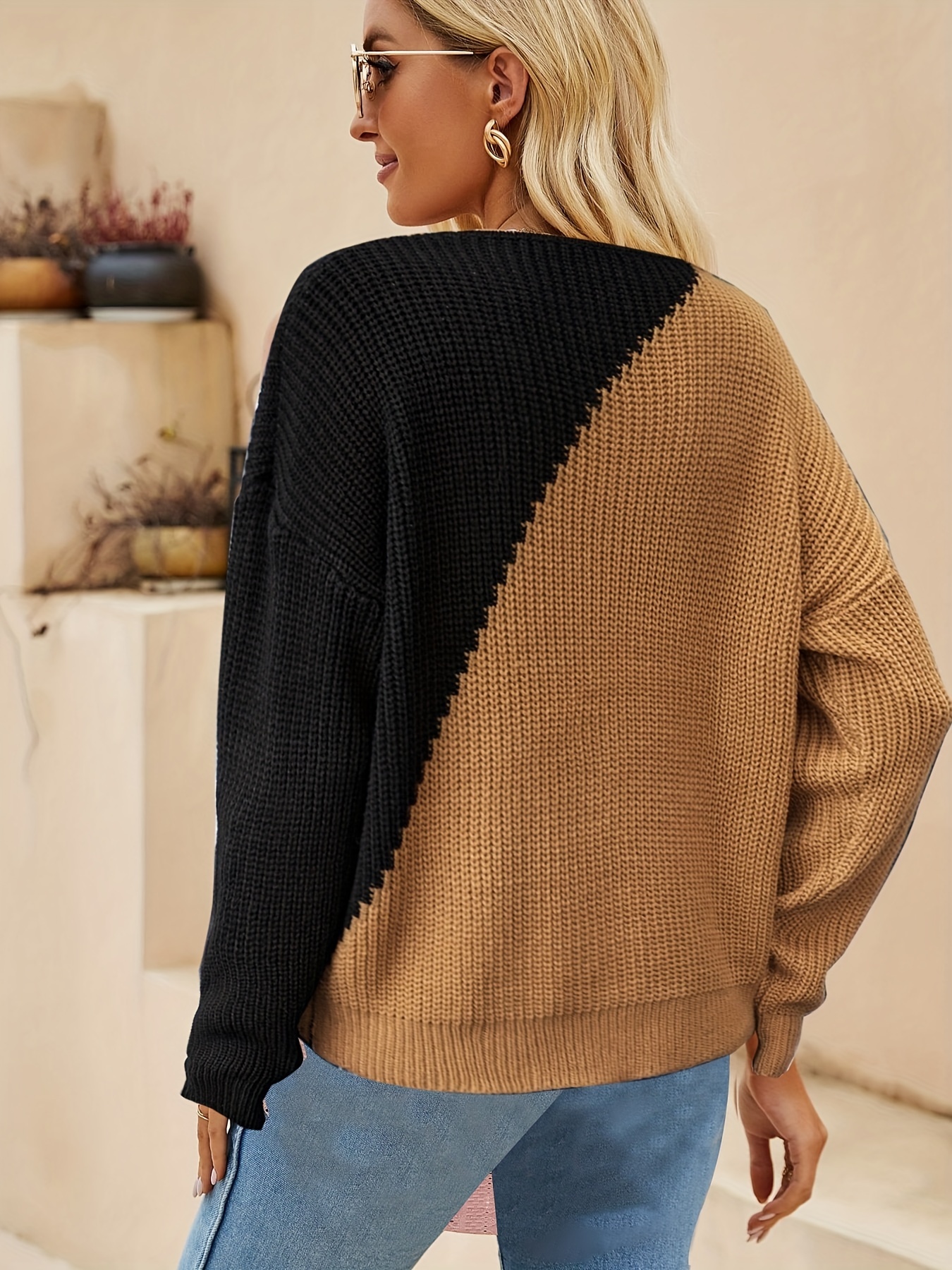 Color Block V Neck Drop Shoulder Sweater, Elegant Long Sleeve