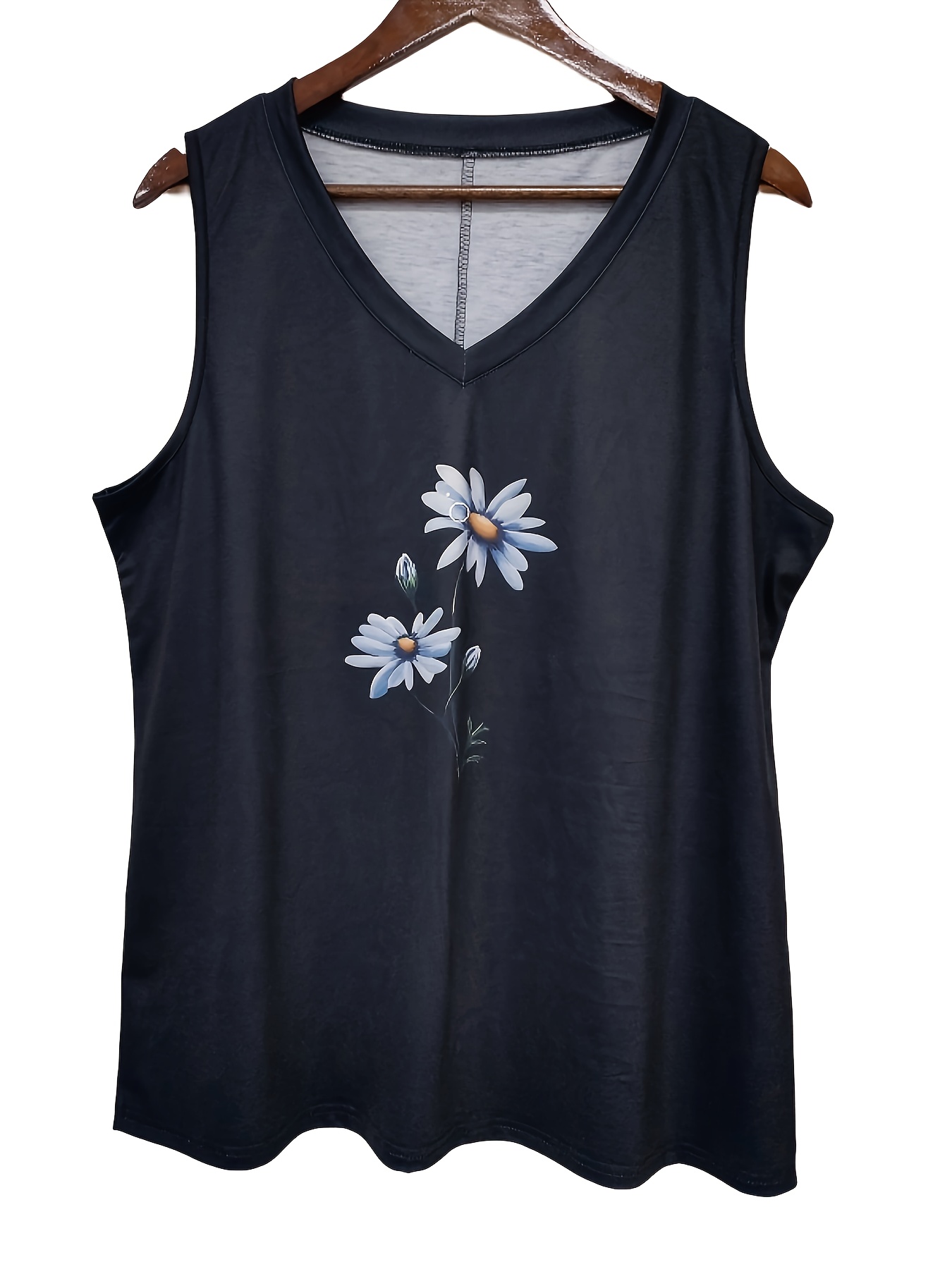 Plus Size Casual Tank Top Women's Plus Daisy Print V Neck - Temu