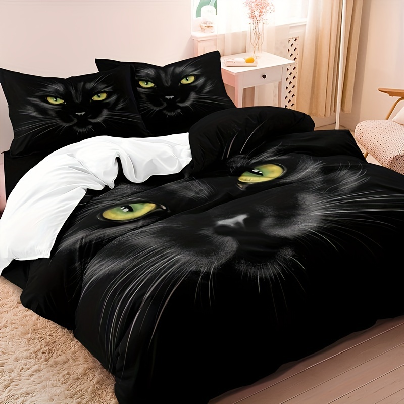 Jogo de cama de casal com capa de edredom de gato preto com fecho de zíper  (capa de edredom 172,7 x 228,6 cm e 2 fronhas 50,8 x 66 cm), jogo de