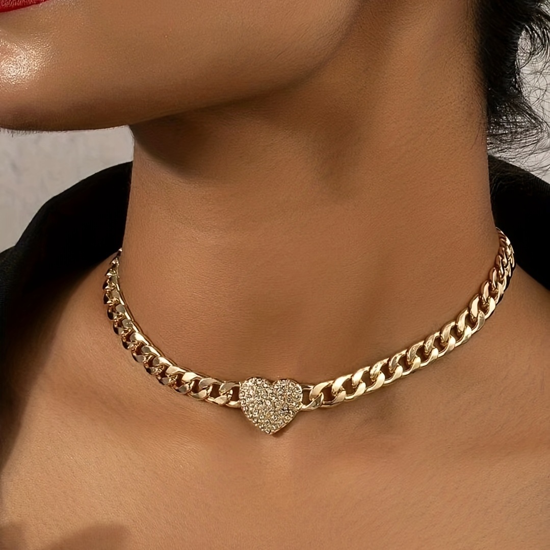 

Golden Hip Hop Style Chunky Chain Love Heart Charm Choker Inlaid Rhinestones, Unisex Neck Jewelry Party Favors