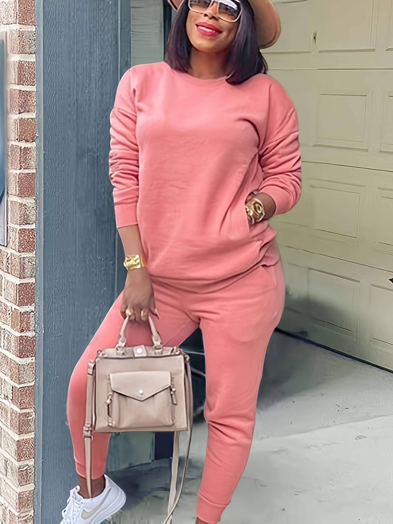 Mother's Day POROPL Jogger Sets for Women 2 Piece Spring Hot Pink Crew Neck  Solid Color Off Shoulder Long Sleeve Cable Knitted Warm Long Pants Sweater