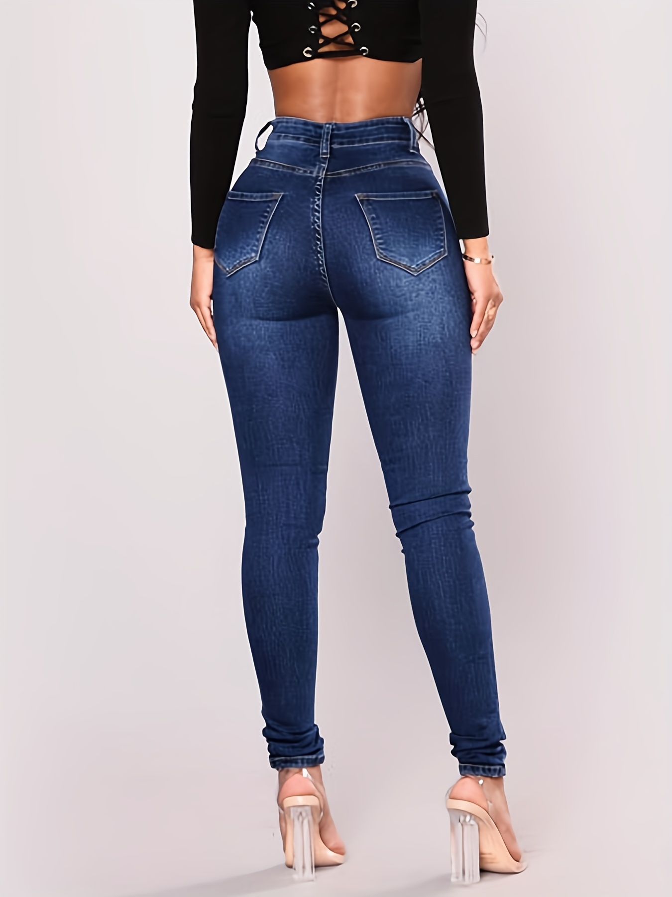 High * Curvy Plain Design Lone Skinny Jeans, Pantalones de mezclilla con  dobladillo plisado largo casual, Jeans de mezclilla para mujer, Ropa de mu