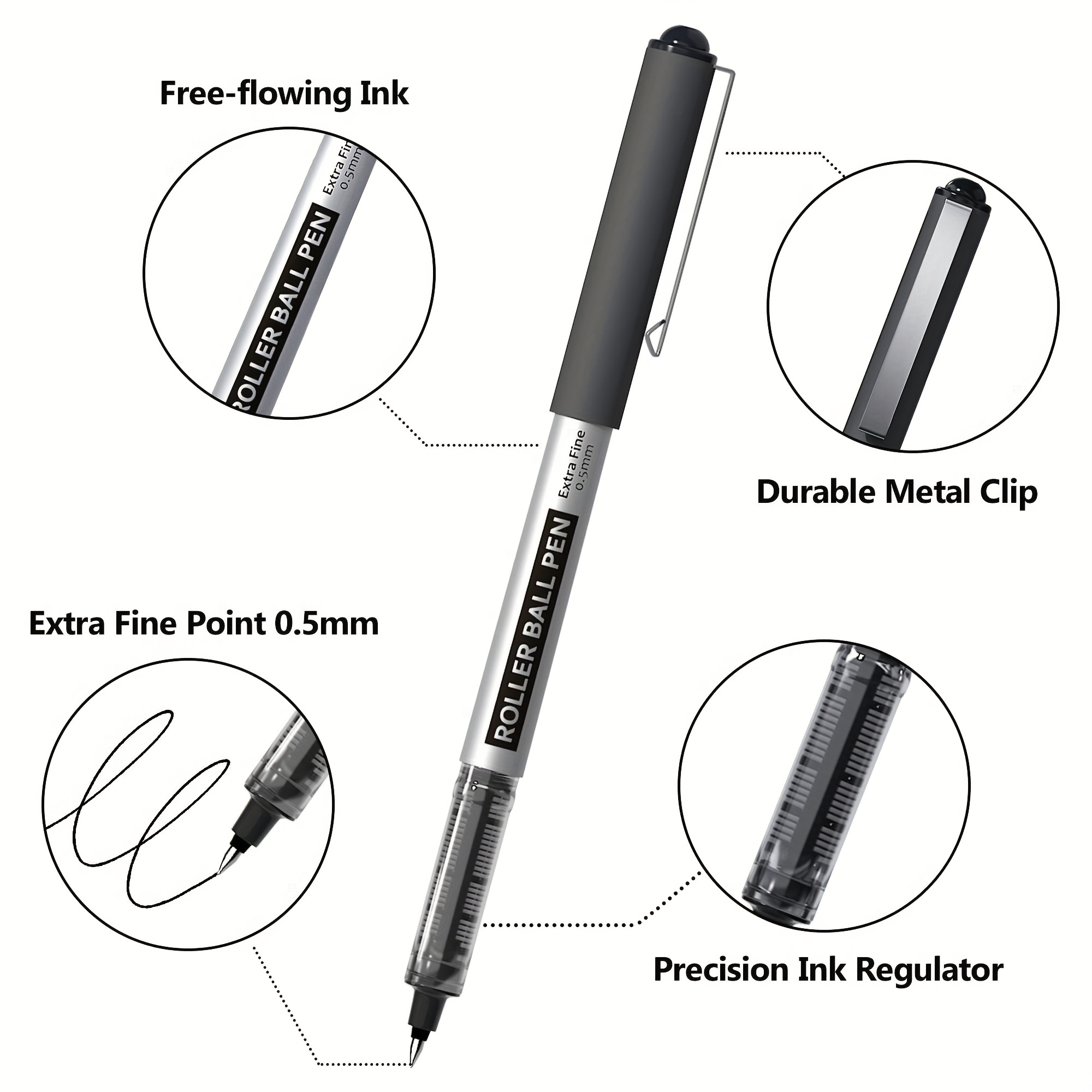 16Pcs Rollerball Pen Fine Point Pens 0.5mm Black Gel Liquid Ink Pens Extra  Thin Fine Tip Pens, Rolling Ball Point Writing Pens For Note Taking, Signat