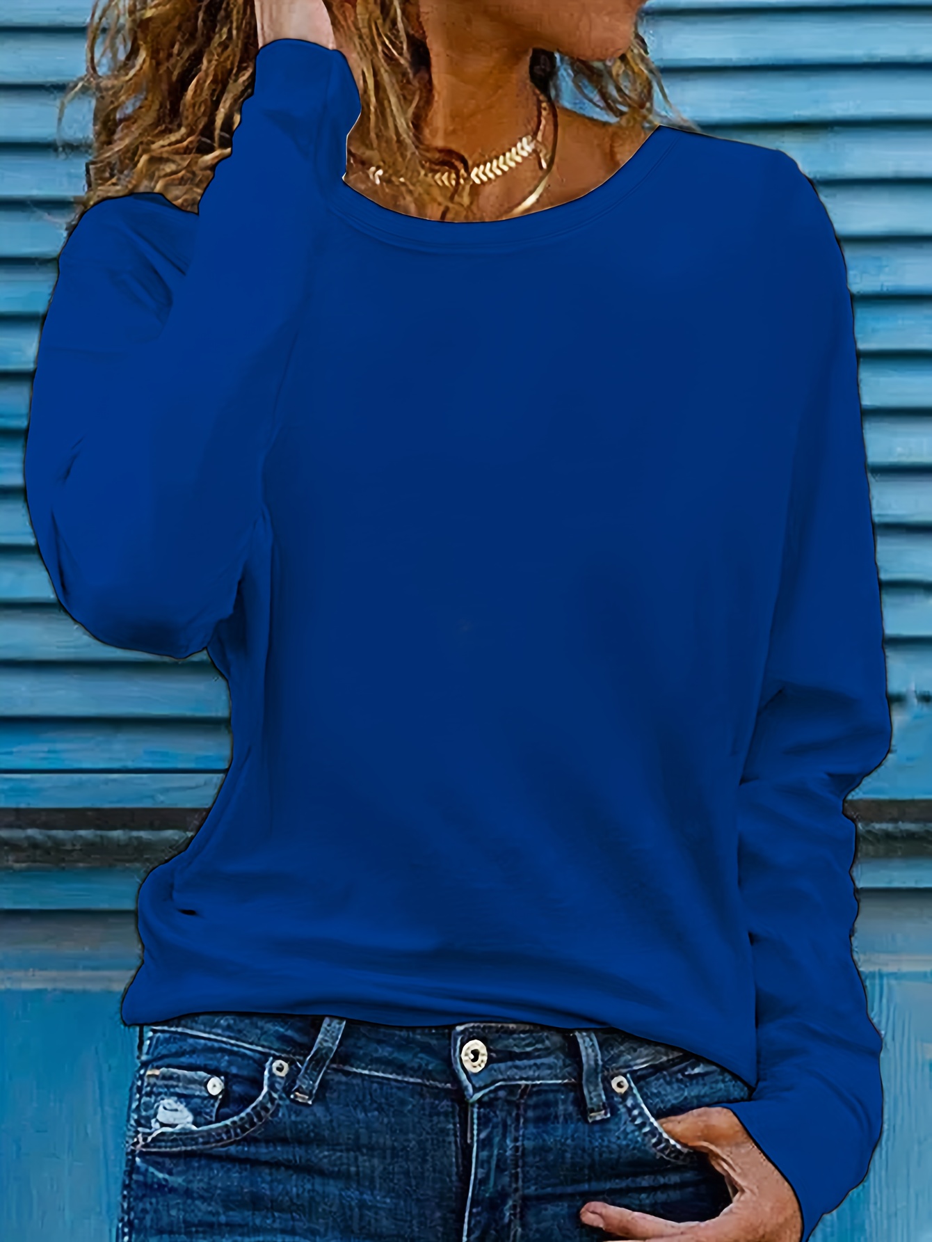 Solid Crew Neck T-Shirt, Casual Long Sleeve Top For Spring & Fall, Women's Clothing