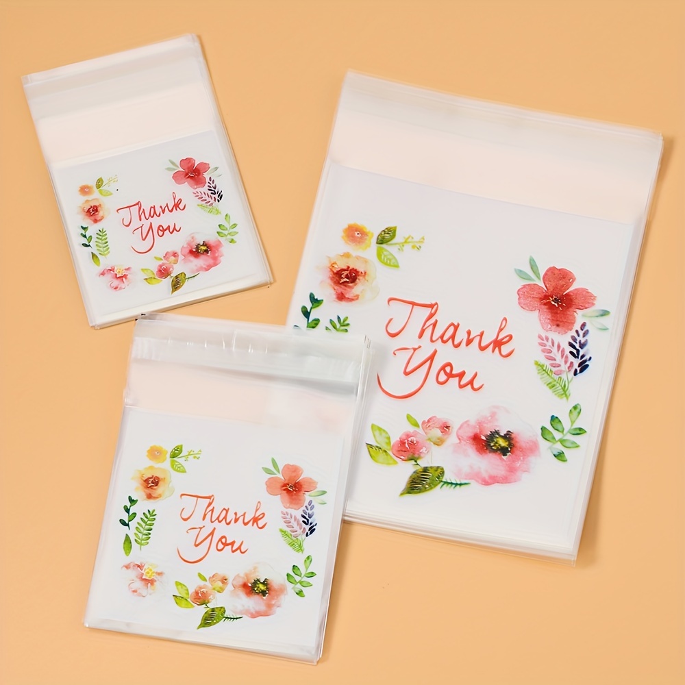 

100pcs Thank You Flower Self-adhesive Bags Transparent Plastic Pouches For Cookie Packaging For Wedding Party Favors Decors Diy Gift Packaging Display Small Business Supplies