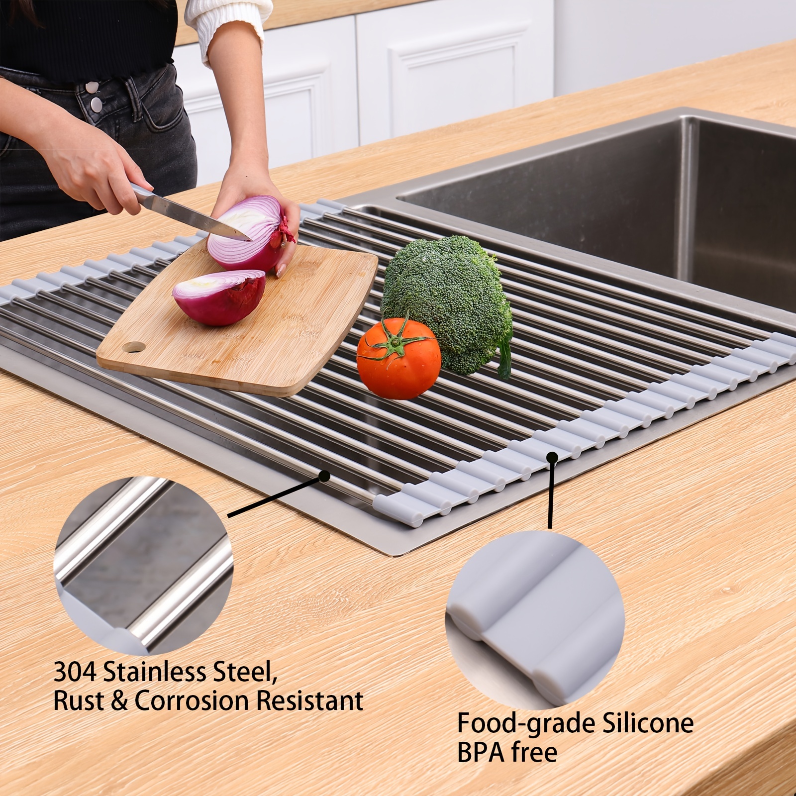 1pc Roll Up Dish Drying Rack Foldable Rolling Dish Sink Drying Rack  Stainless Steel Sink Rack Kitchen Counter 17.7in*11in, Foldable Sink Rack  Kitchen