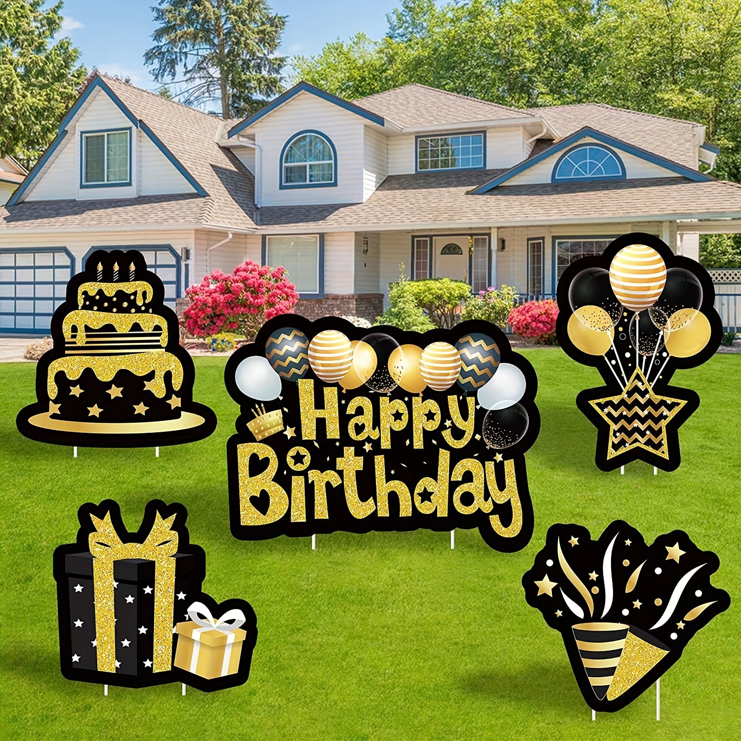 

Set Of 5 Happy Birthday Yard Signs With Stakes, Black Waterproof Lawn Golden Sign, Glittery Balloons Cake Gift Box Ribbons Birthday Party Supplies, Outdoor Garden Decorations, Photo Props