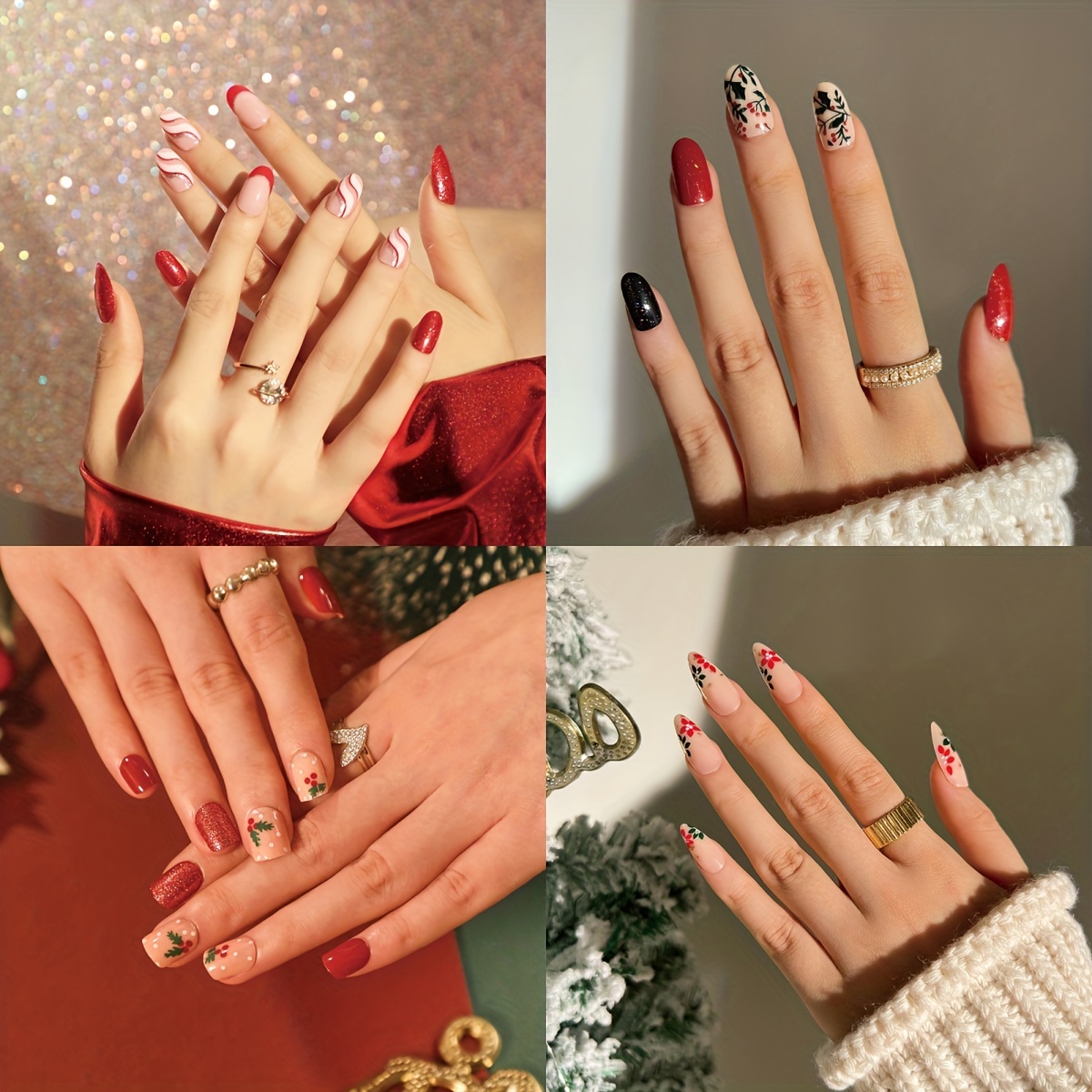 Christmas Red Fake Nails Golden Glitter With Design Press On - Temu
