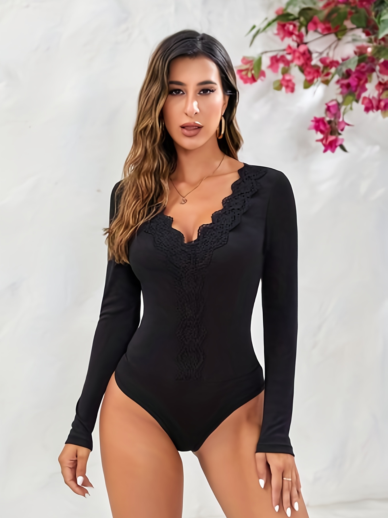 Wolford Black Floral Lace Long Sleeve Thong Bodysuit Women's