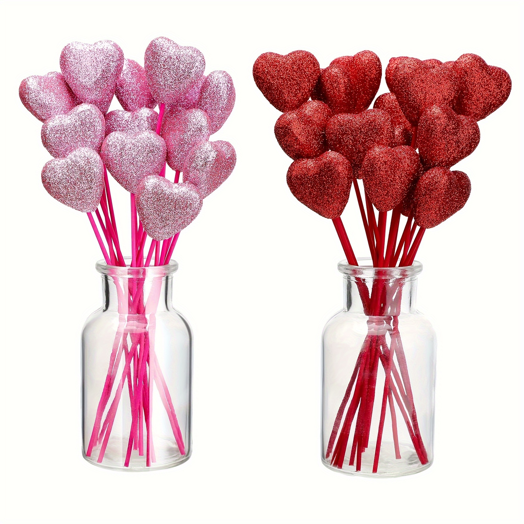 50pcs Valentines Day Glitter Red Heart Foam Decorative Red /PinkSparkly  Foam Hearts Stems Wooden Glitter Heart Picks Puffy Heart Topper For