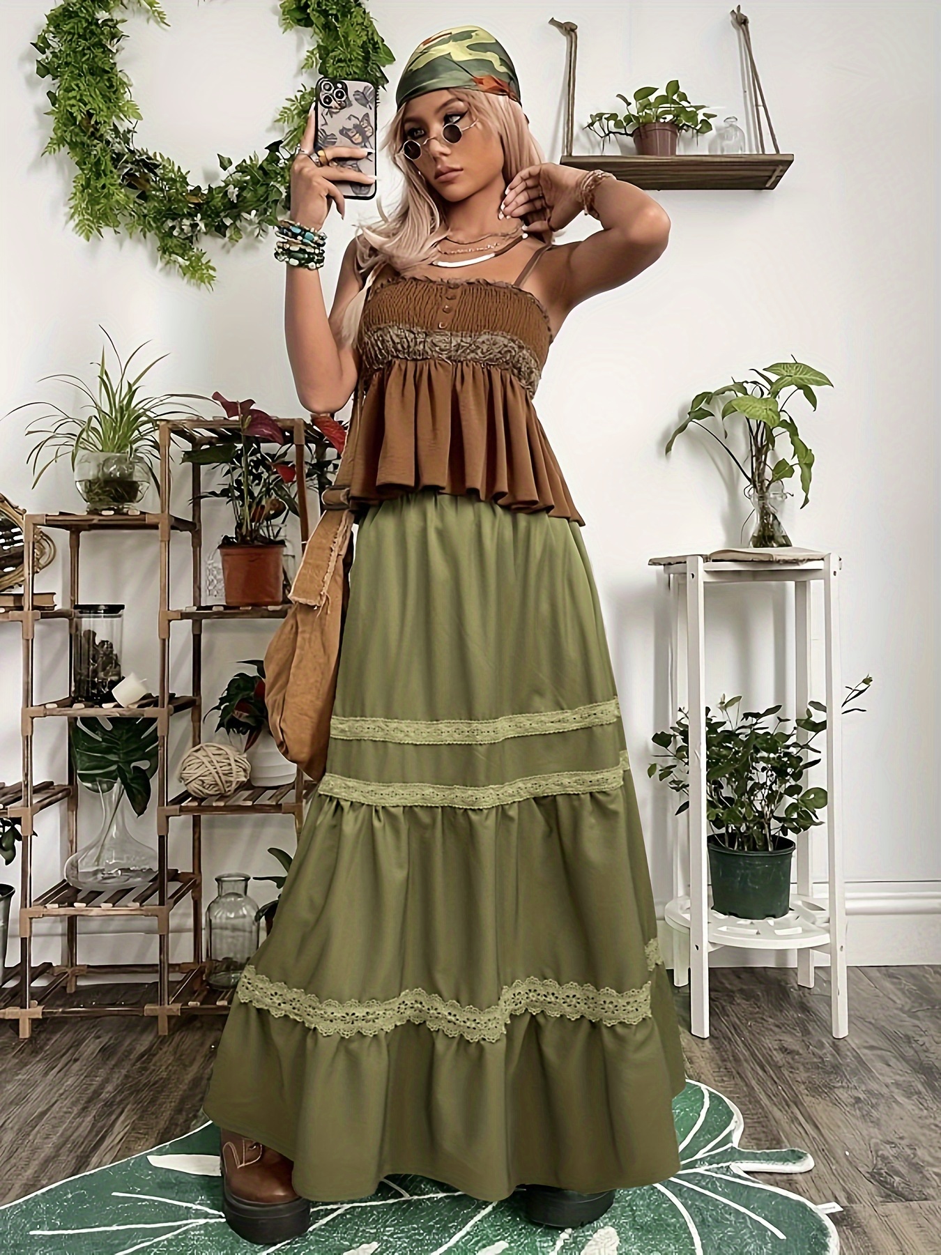 Y2K Lace Tiered Ruffle Hem Skirt, Elastic Waist Maxi Skirt, Women&#39;s Clothing