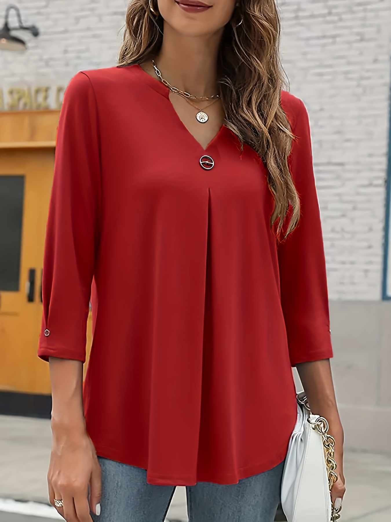 V neck Pleated Tops Casual Solid 3/4 Sleeve Fashion Loose - Temu