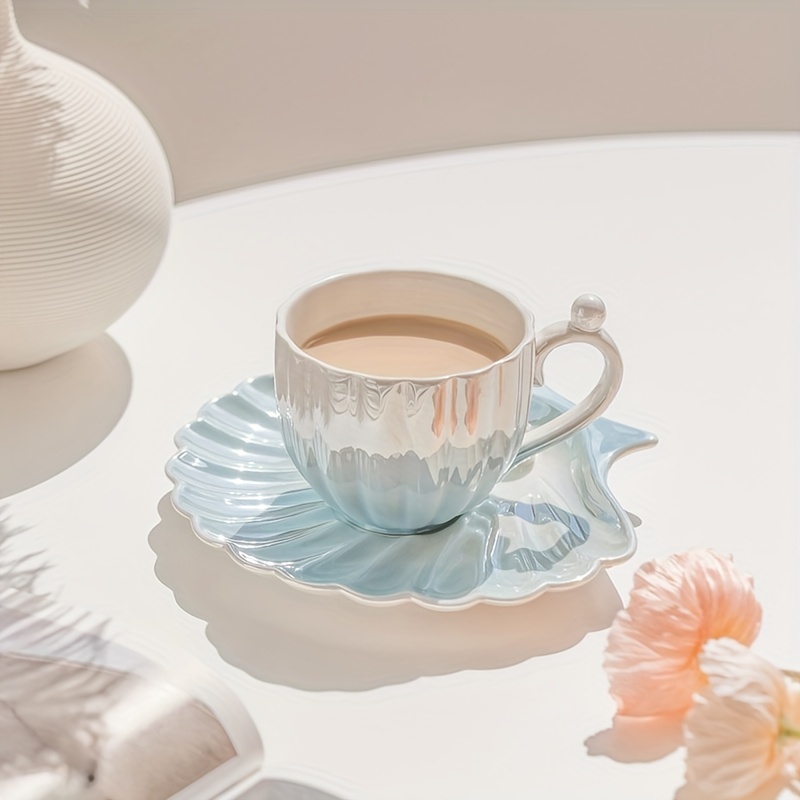 Cute Mermaid Style Pearl Shell Ceramic Tea Cup with Plate - Peachymart