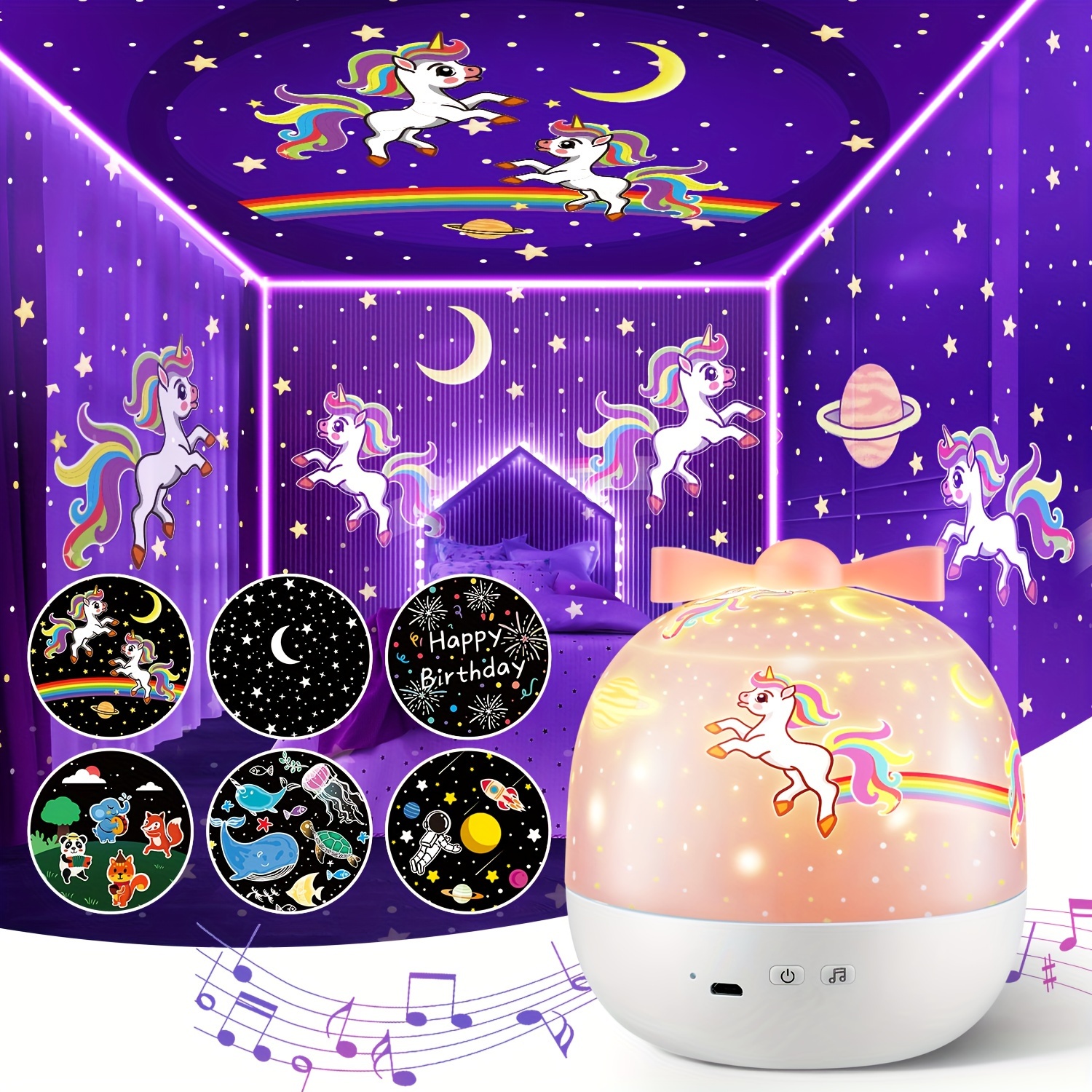 Proyector de estrellas de luz nocturna para niños, lámpara musical de  unicornio de 21 películas, decoración de habitación de princesa, regalo  ideal