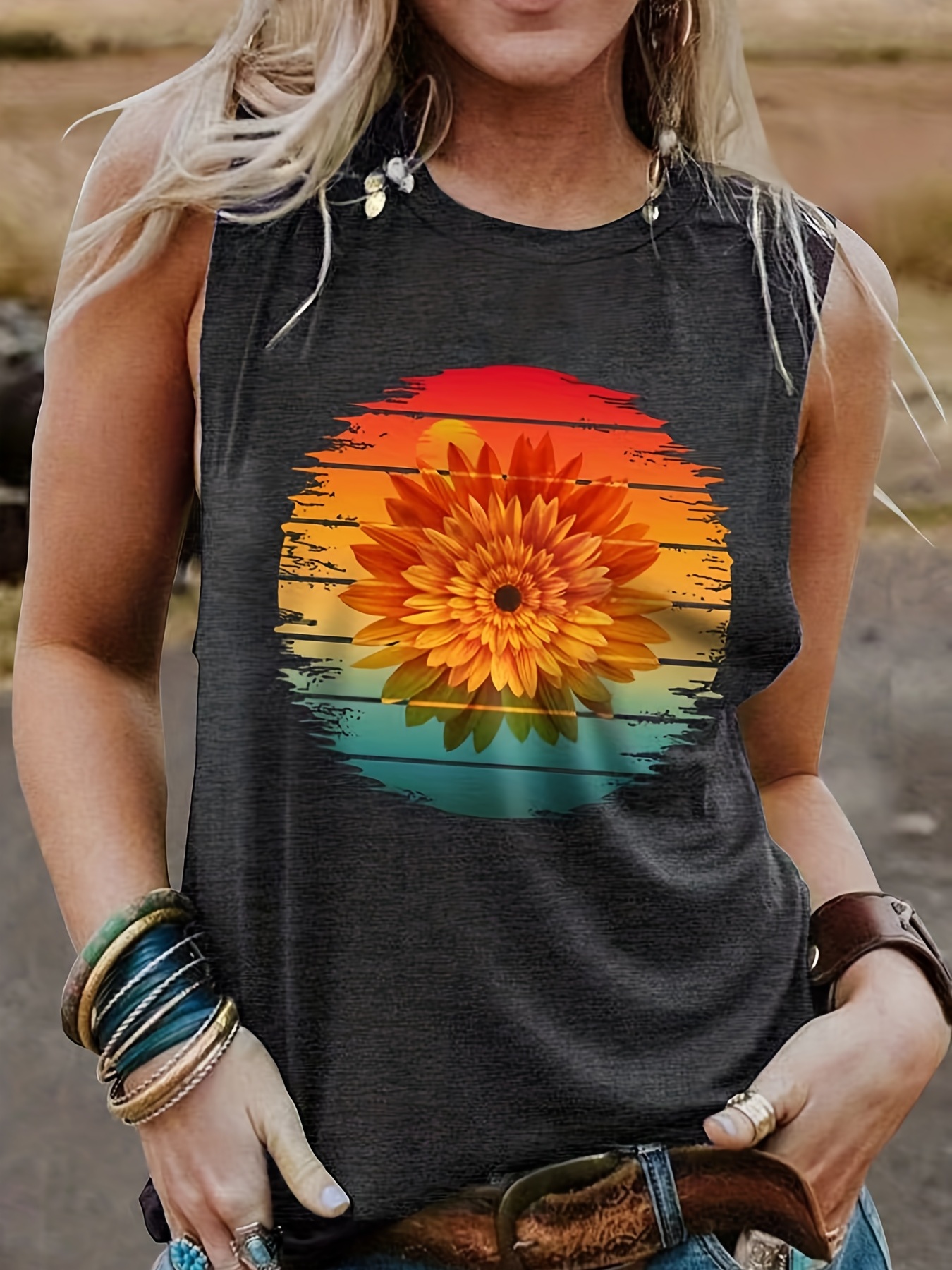 Sunflower Print Round Neck Tank Top Casual Loose Fashion - Temu Canada