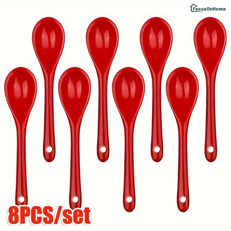 

8pcs Red/white Ceramic Spoons For Coffee, Tea, Yogurt, Sauce, Desserts And Ice Cream