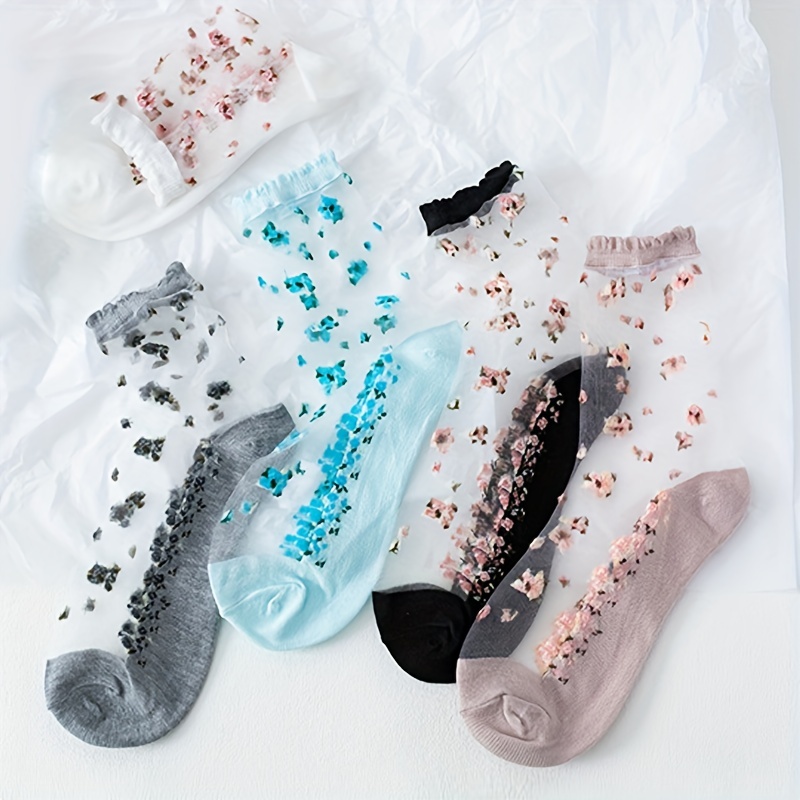 Women Ultra Thin Floral Socks Transparent Cotton Crystal Lace Elastic Sheer  Sock