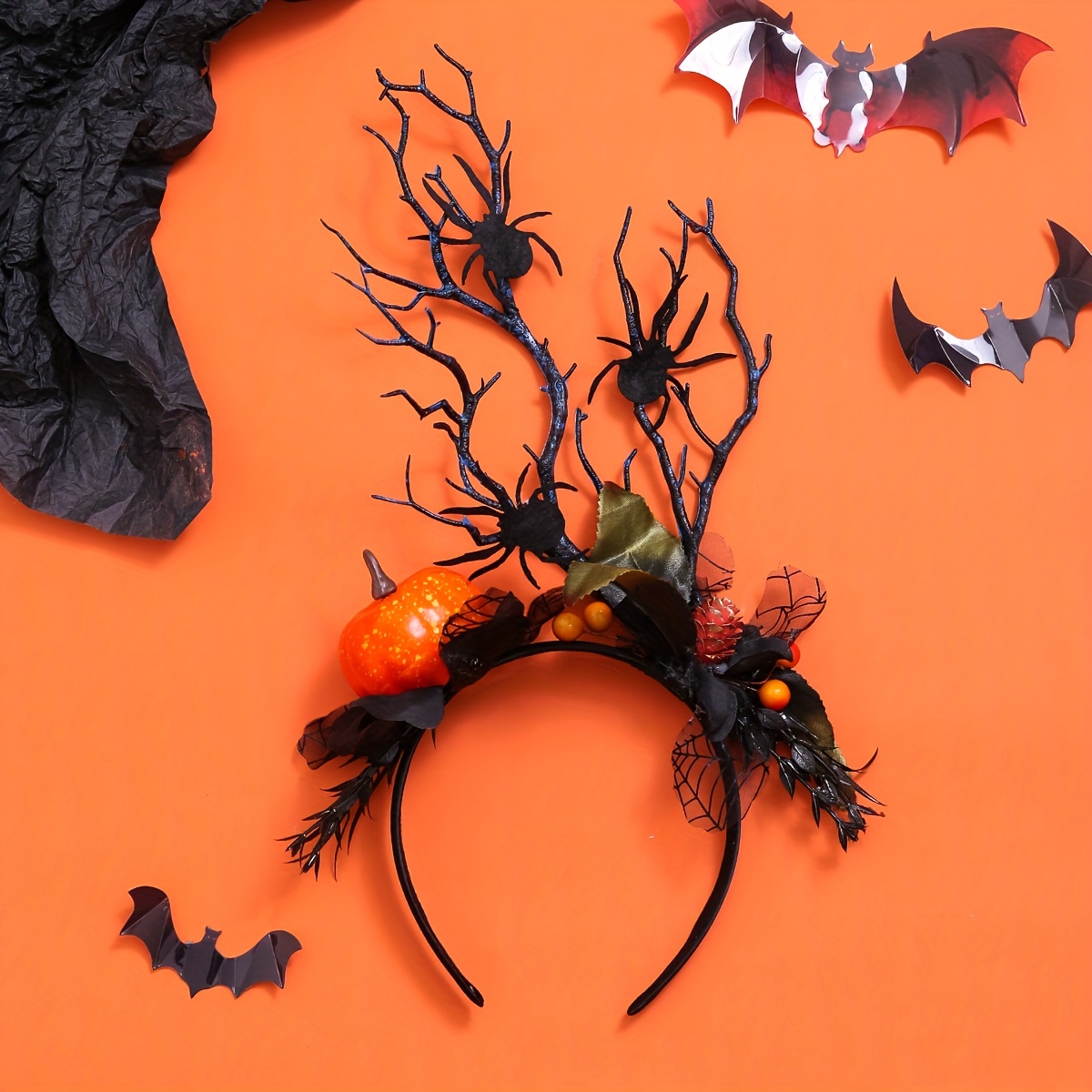 TEMU Spooky Spider & Pumpkin Headband - Party-ready Plastic Hair Accessory For Dress-up