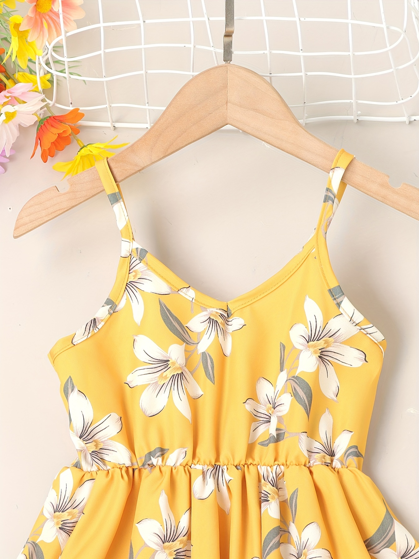 little girls cute sundress floral pattern party beach dress v neck elastic waist camisole dress for summer details 27