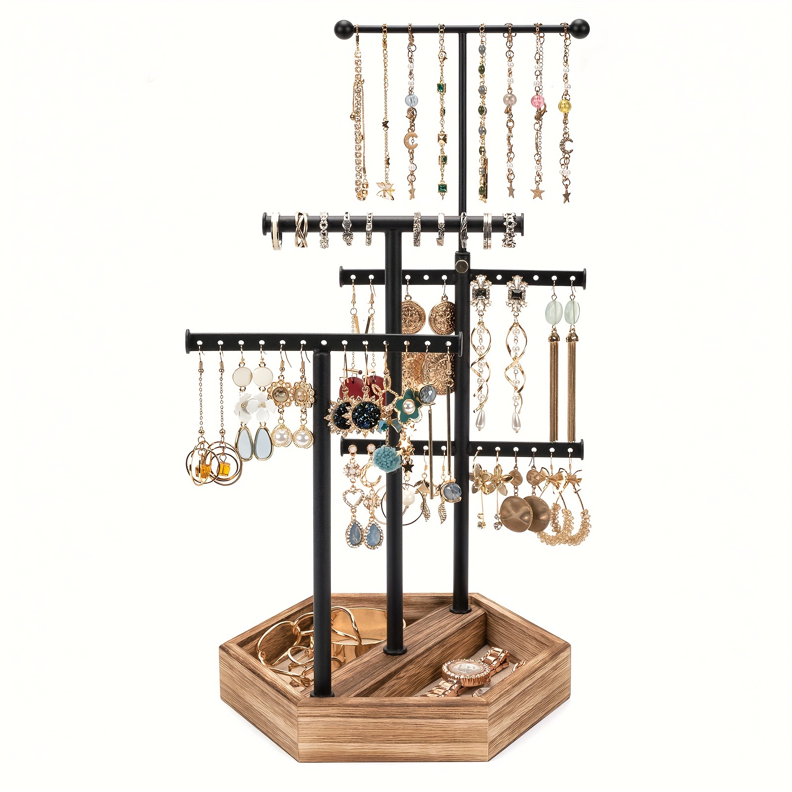 Love-KANKEI Love-Kankei Jewelry Organizer Stand Metal Wood Base And Large  Storage Necklaces Bracelets Earrings Holder Organizer Black And W