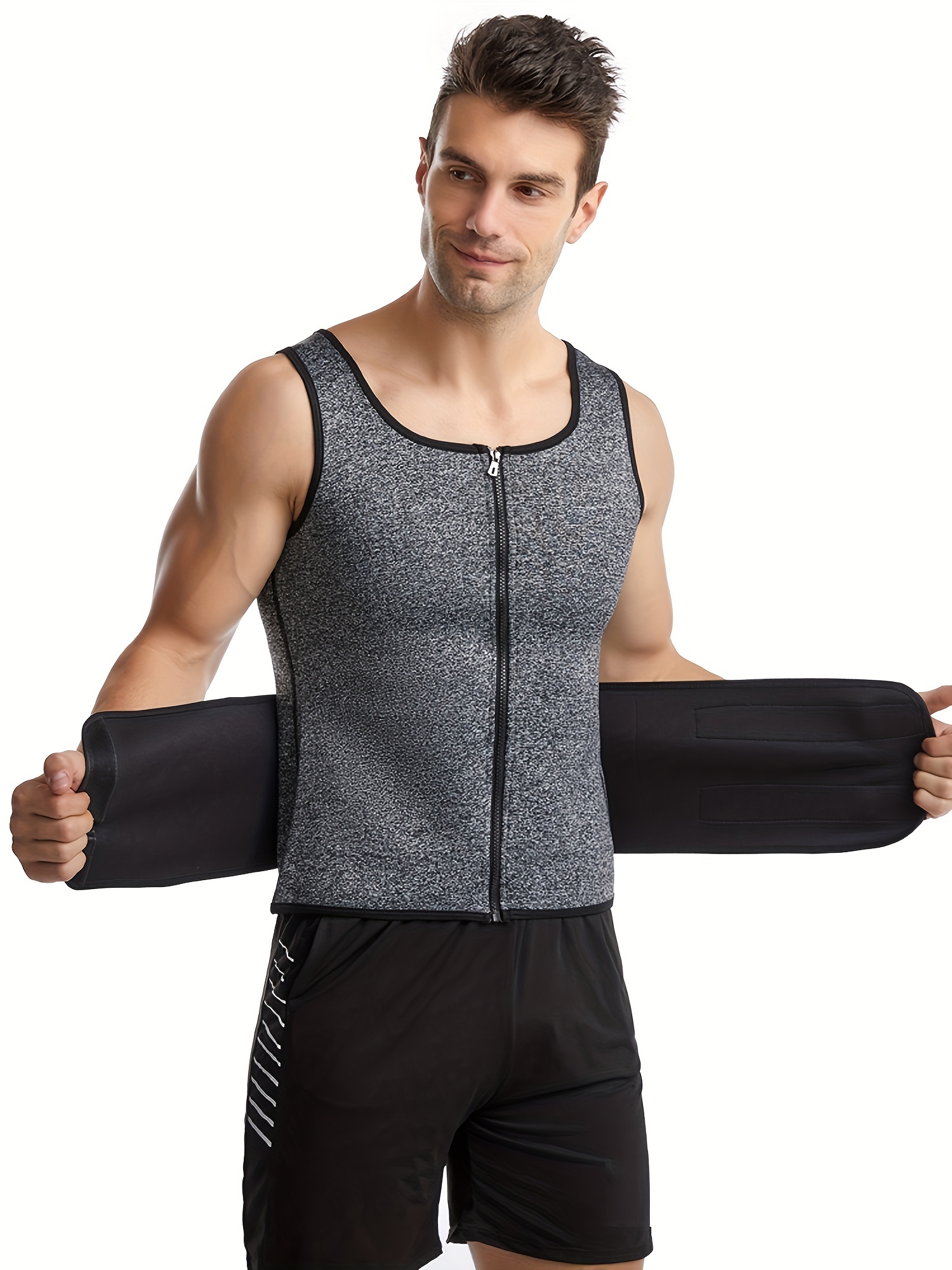 SHAPERIN - Chaleco de neopreno para hombre, faja reductora efecto sauna,  estilo camiseta sin mangas con zíper y dos cinturones