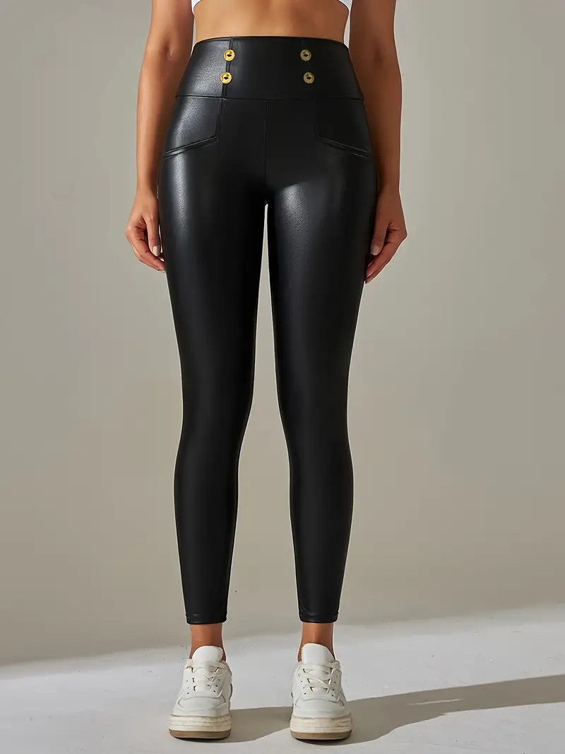 Faux Leather Button Skinny Leggings Casual High Waist Daily - Temu