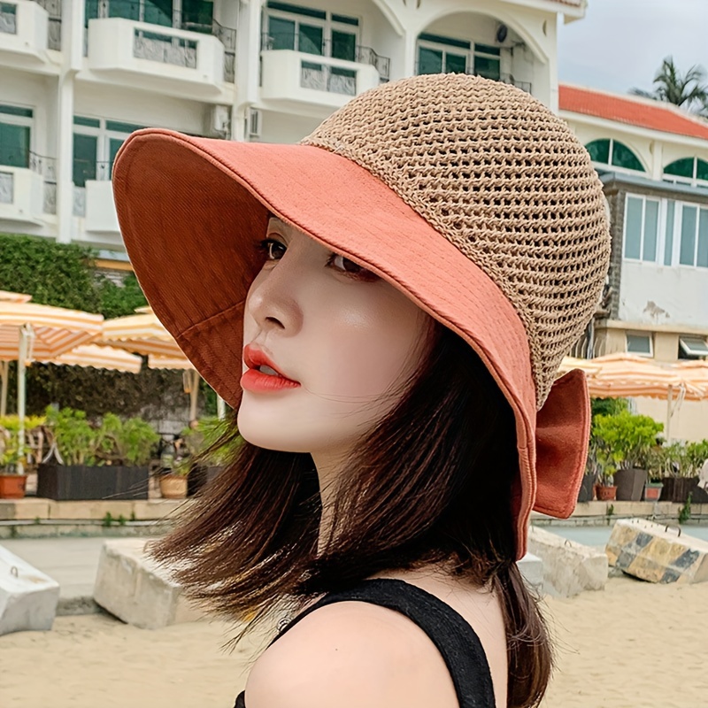 Double Color Sun Hat Bow Decorative Hollow Straw Hat Leisure - Temu