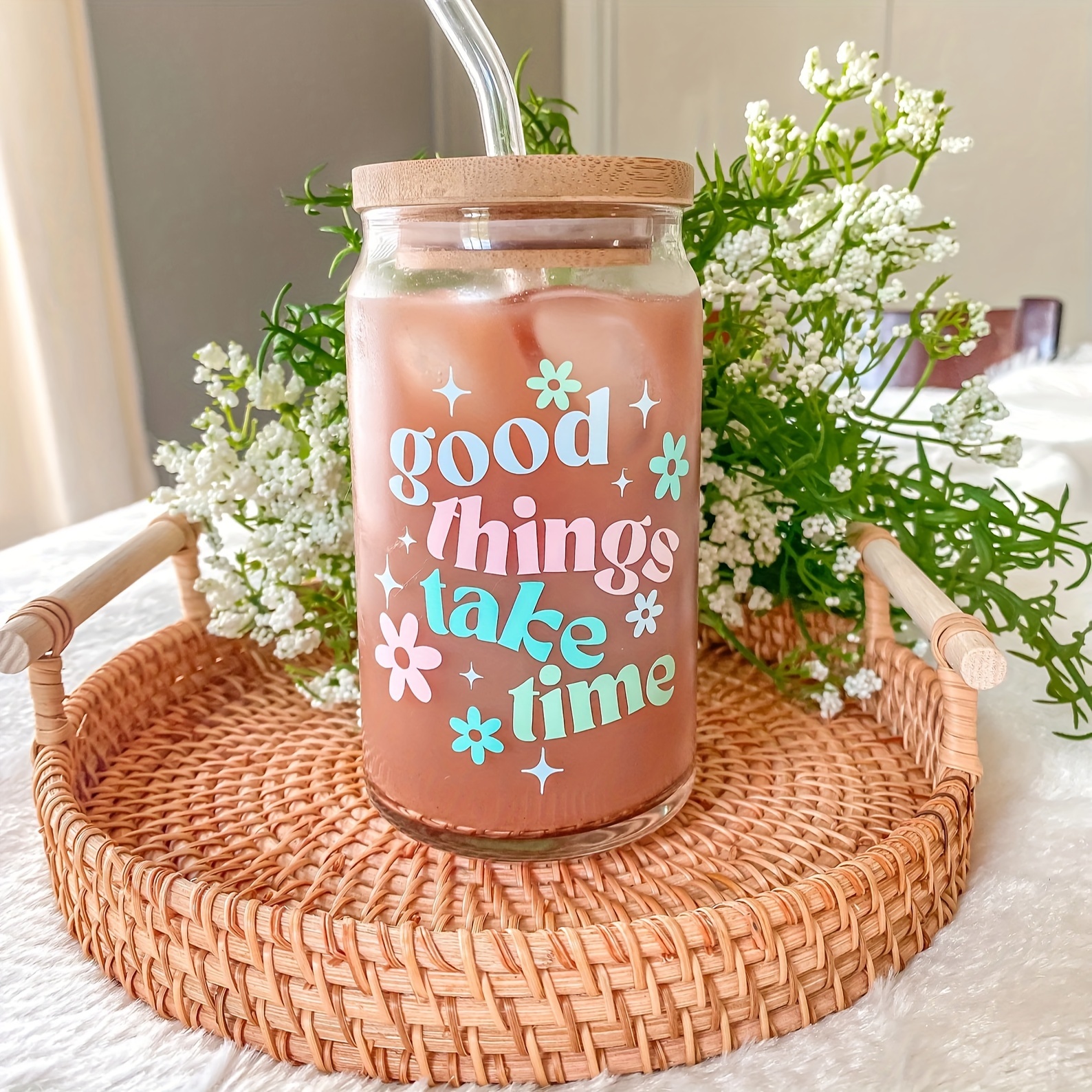 Cute MOTIVATION Theme With STRAW LID Iced Coffee Glass Can 