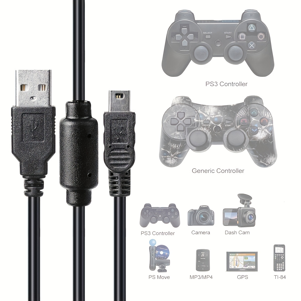 DTOL Lot de 2 câbles de chargement USB pour manette PS3 Move Playstation 3  sans fil, TI84 Plus CE, appareil photo numérique 3 m : : Jeux vidéo