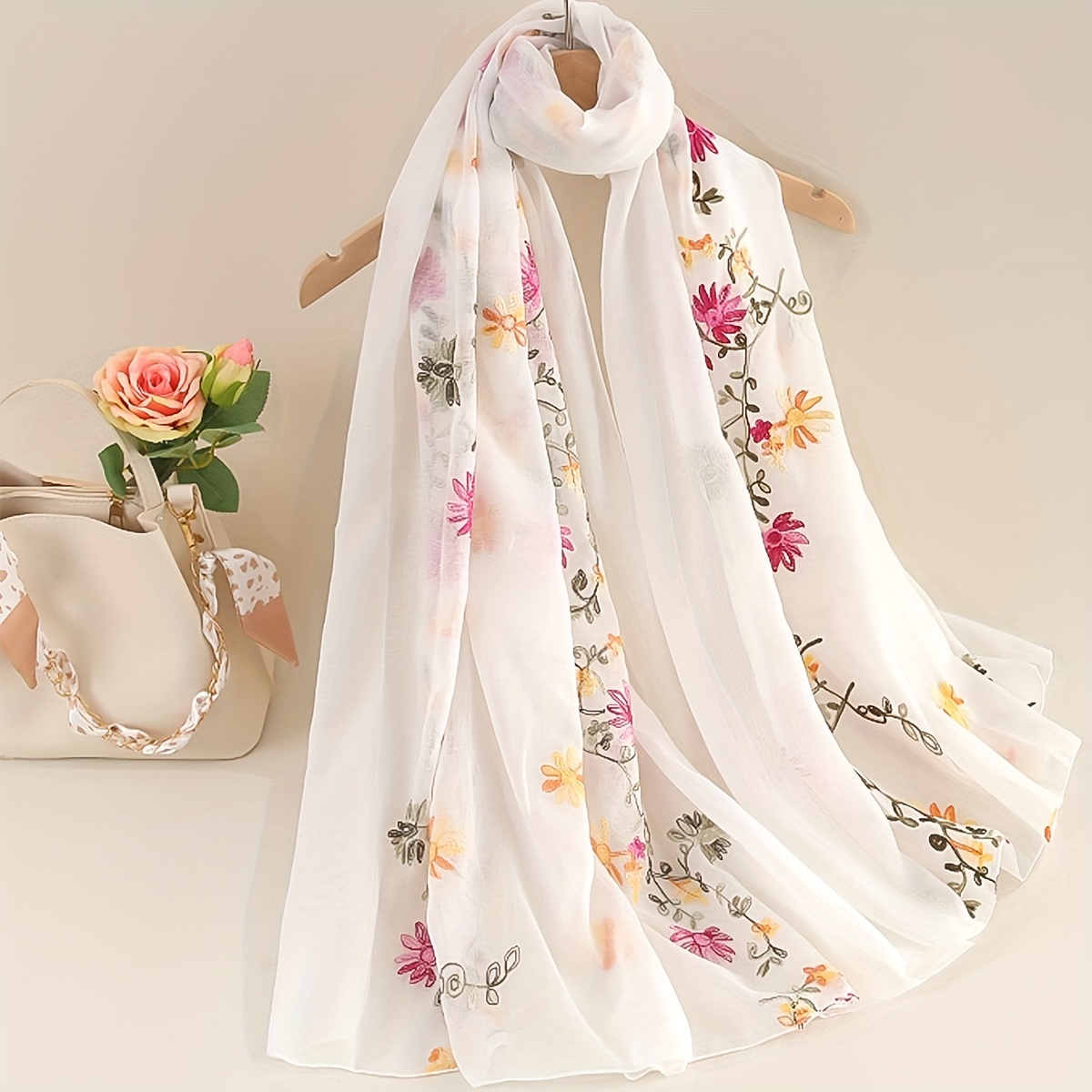 

Elegant Flower Embroidery Scarf Classic Solid Color Shawl Casual Bandana Windproof Head Wrap Hijab Travel Beach Towel