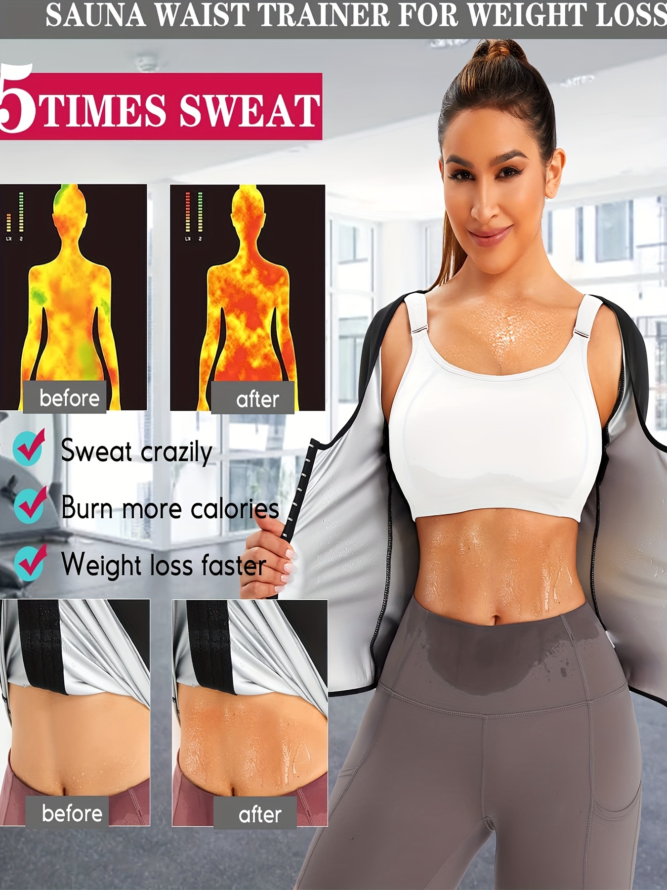 Women Weight Loss Tummy Control Sweat Sauna T-Shirt With Hook Adjust, Body  Shaper Sweat Short Sleeeves, Women's Activewear