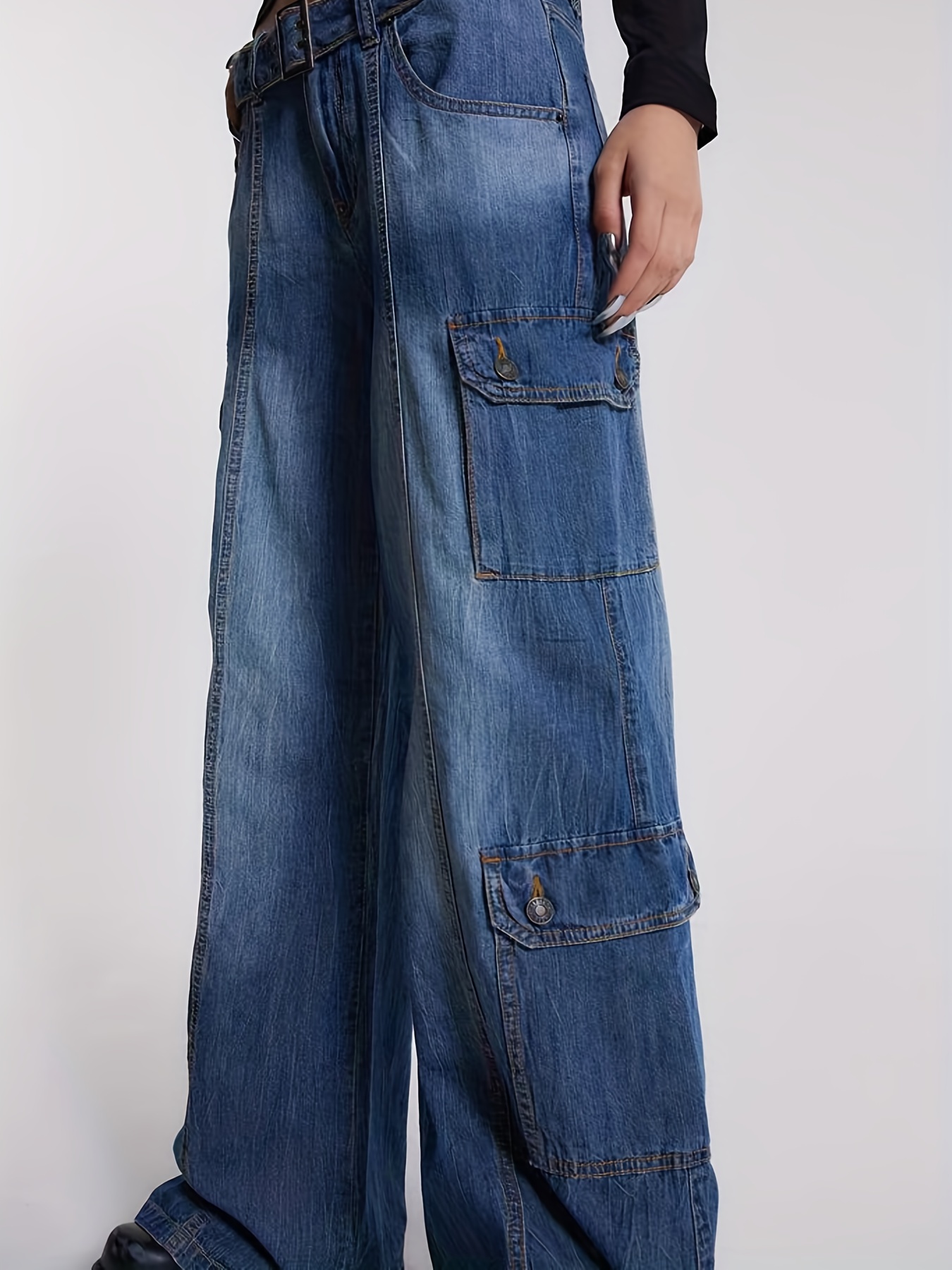 Side Flap Pocket Buckle Belt Cargo Jeans Loose Low Waist - Temu Canada