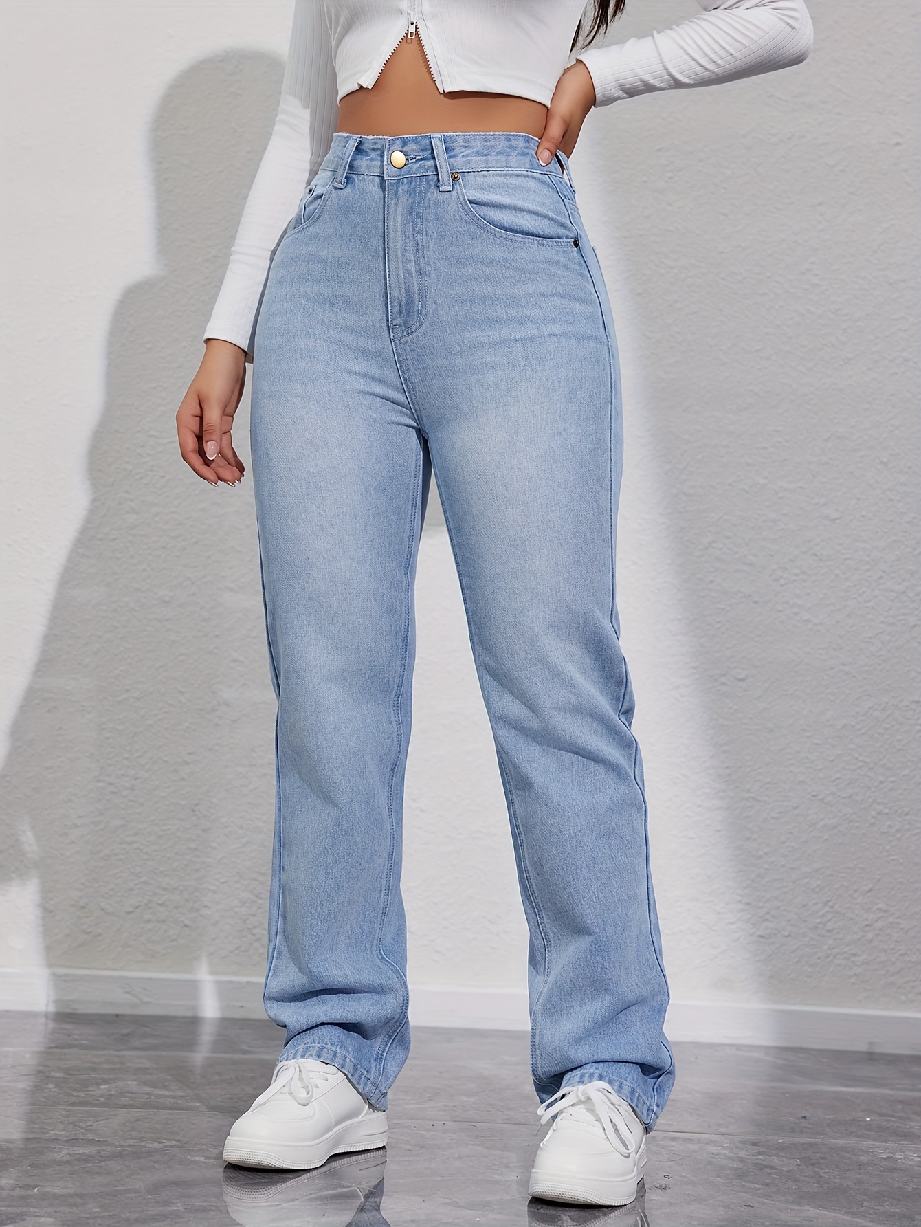 Blue Waist Capris Straight Jeans Loose Fit Slant Pockets - Temu
