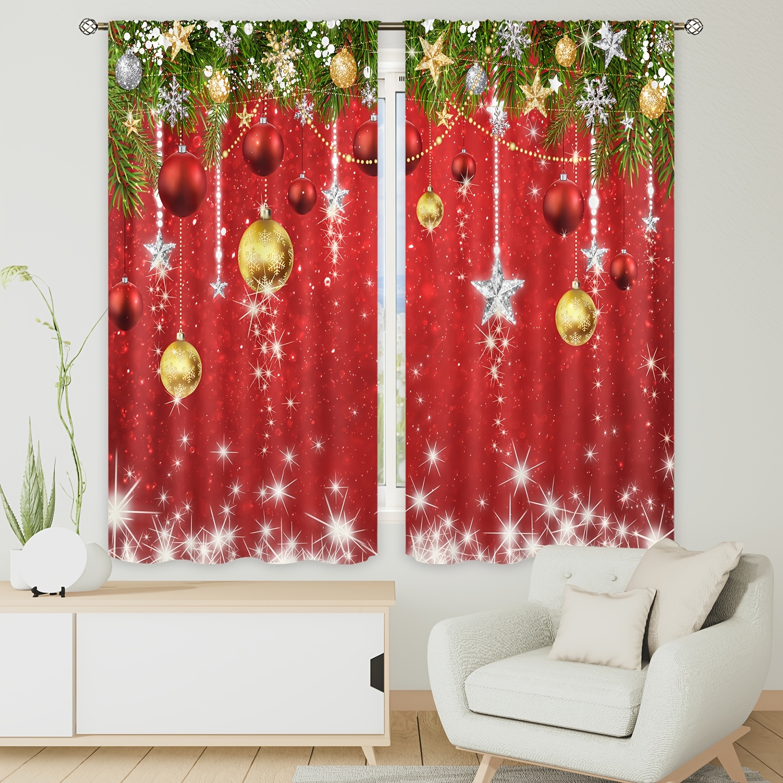 Cortina de ventana de Navidad, cortinas de ventana a cuadros, cortinas de  pino de nieve rojo y verde, decoración de habitación de Navidad para niños