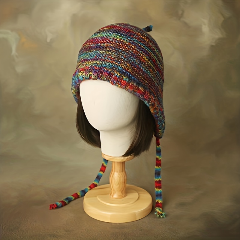 Vintage Rainbow Ear Flap Hat Mixed Color Striped Crochet Knit Hats Cold  Proof Ear Warmer Beanies Elastic Skull Cap For Women Girls Autumn & Winter