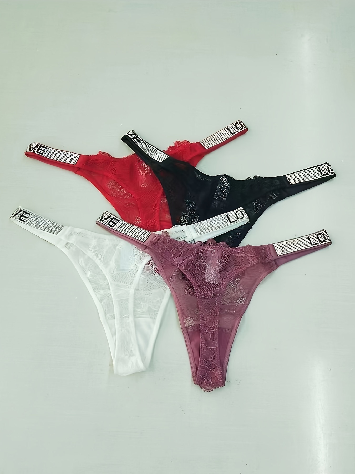 Letter Rhinestone Thongs Sexy Low Waist Stretchy Panties - Temu Canada