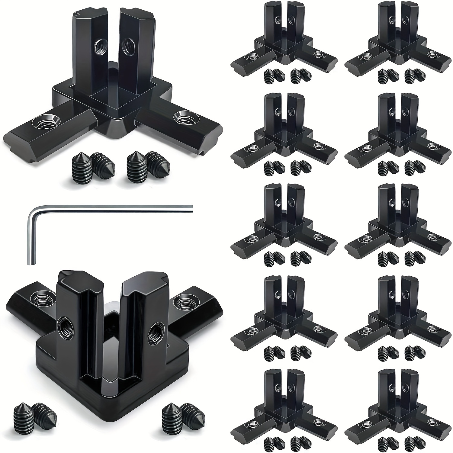 

12pcs Black 2020 Series 3-way End Corner Bracket Connector With Screws + 1pc Wrench For Slot 6mm 20s Aluminum Rail Accessories (12)
