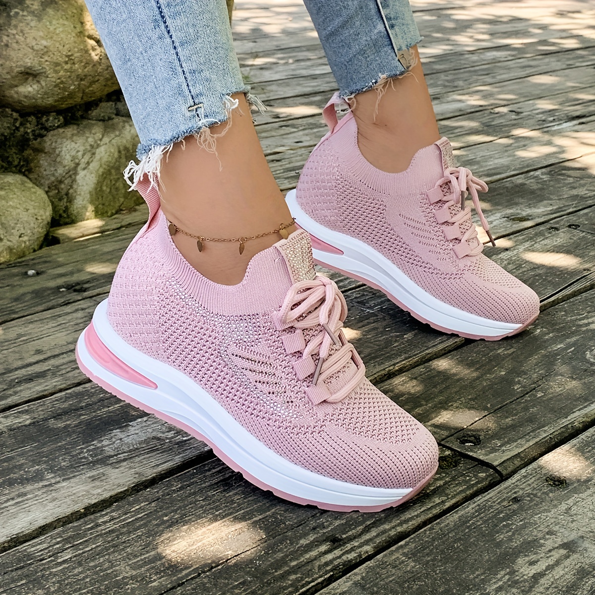 Women's Wedge Sneakers, Decor Air Cushion Knit Lace Up Shoes, Breathable Height Increasing Shoes - Temu