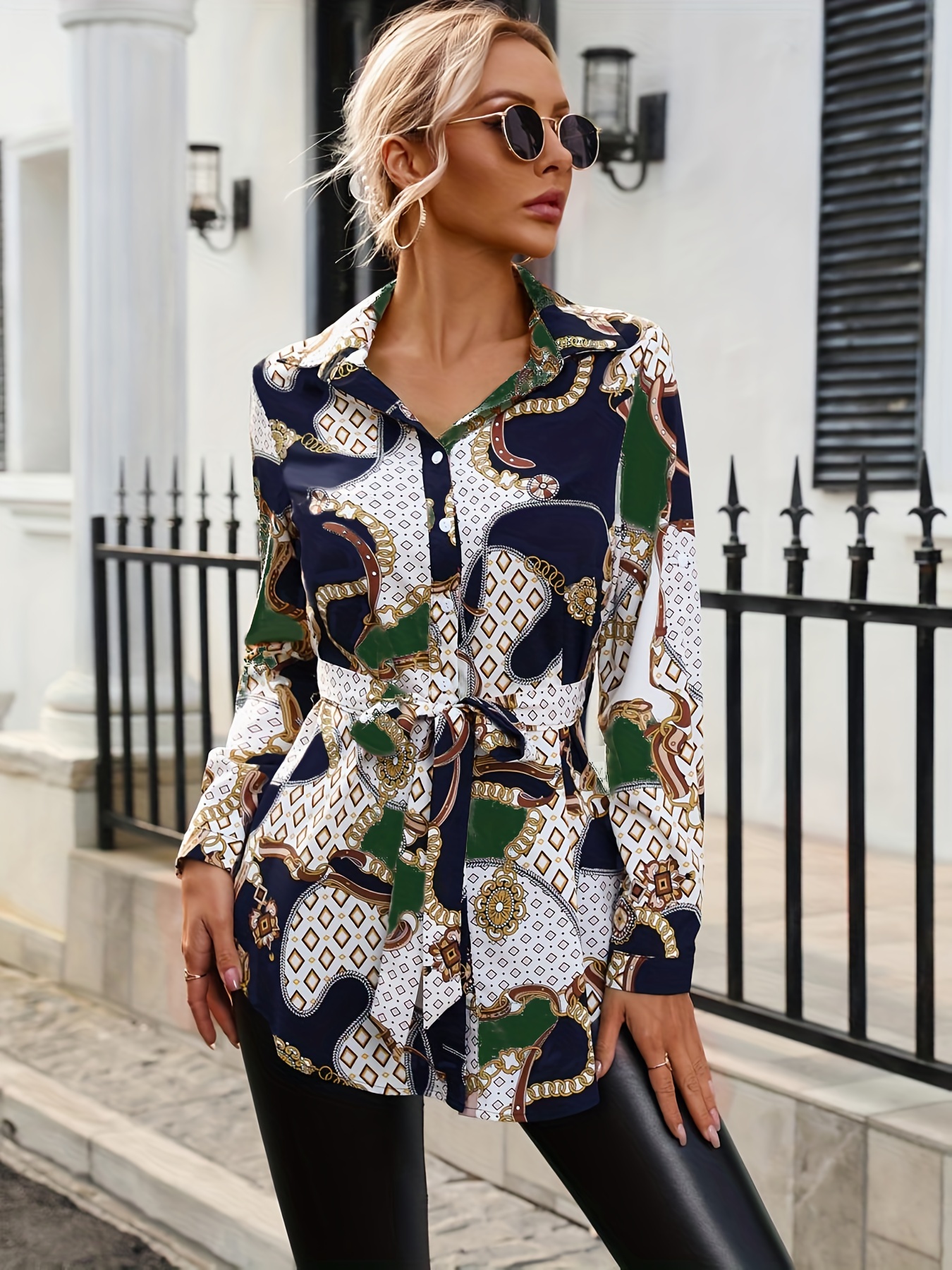 Women's Button Shirts Long Sleeve Chain Print Belted Blouse - Temu